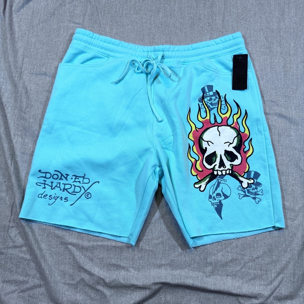 Ed Hardy Shorts Mens XL Mint Skull Flame Tattoo Graphic Drawstring Don Ed‎ Hardy